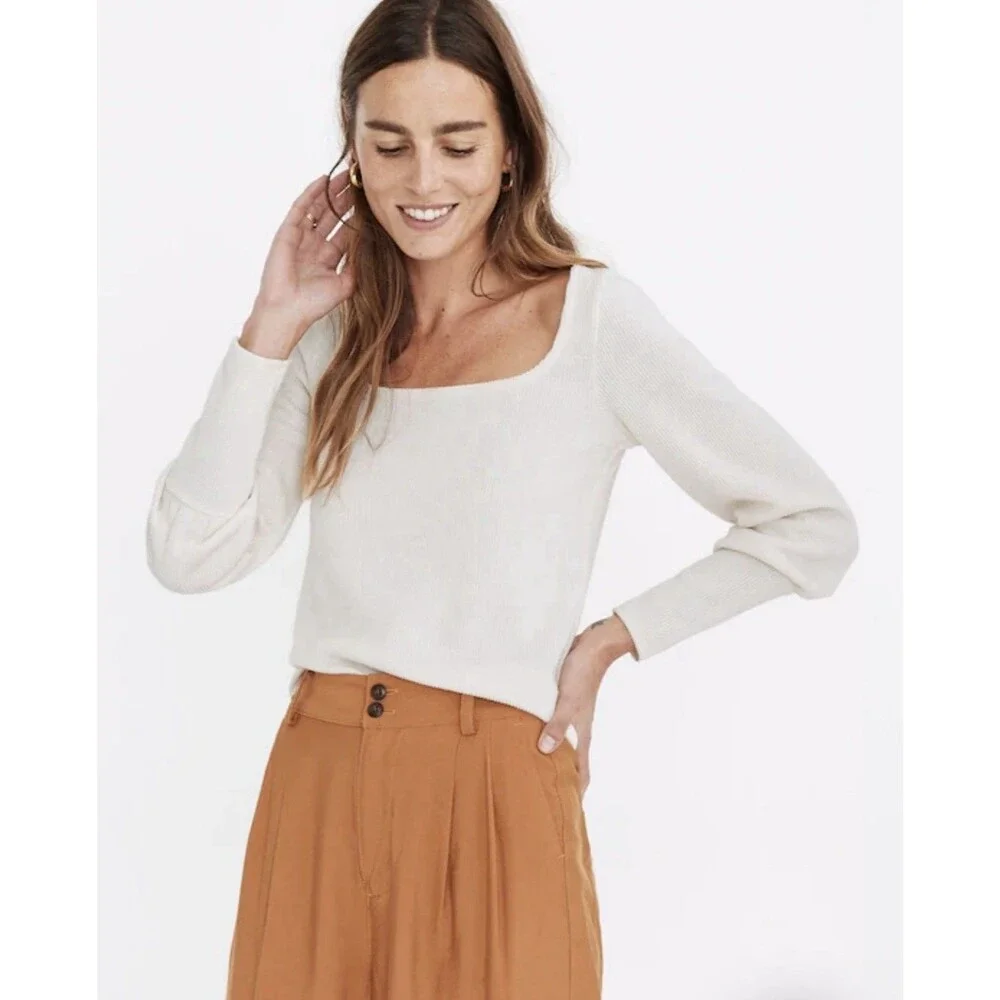 NWT Madewell Ribbed Square Neck Top Ivory Puff Sleeves Small Ottoman Sweater
